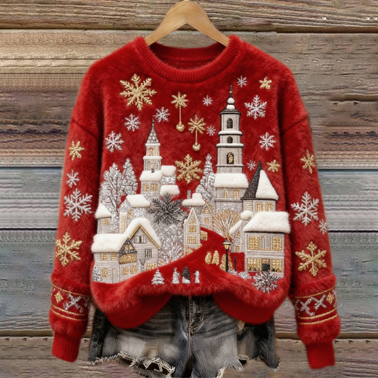 Red Winter Village Fuzzy Sweater